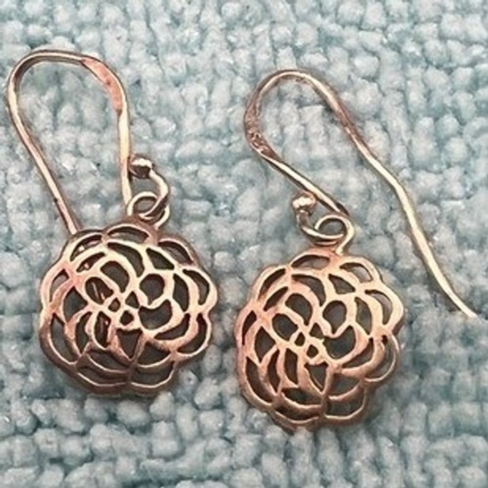 Sterling Silver Drop Earrings Rose Filigree Hook Hallmarked Dainty .75" 1.23g